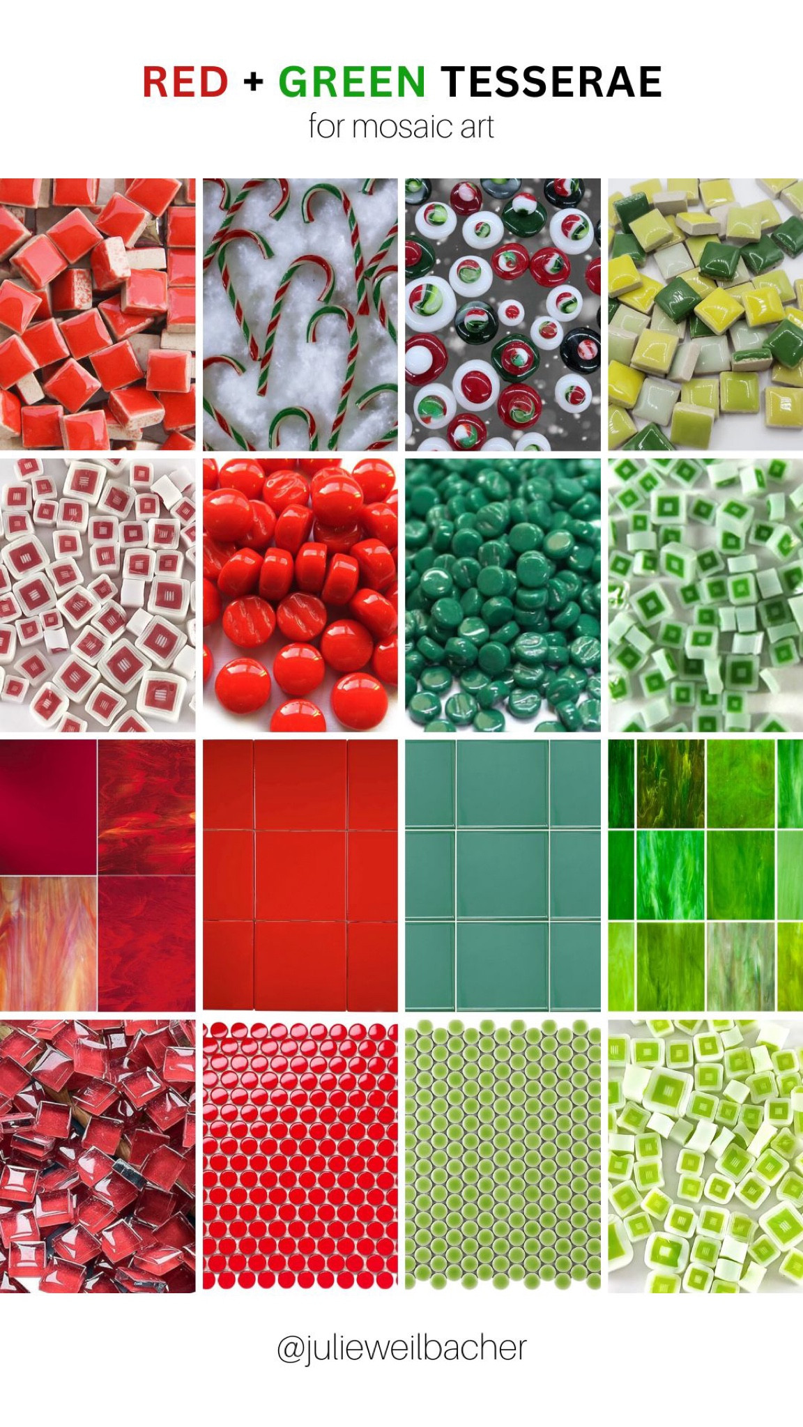 Sharing red and green tesserae for mosaic art.❤️💚 Glass and ceramic come in so many ways and work really well in mosaics. Here’s some inspiration for your holiday mosaic project.

For mosaic tips, tutorials, inspiration, and so much more please visit my YouTube channel: YouTube.com/julieweilbacher. 

Follow @julieweilbacher on Instagram for all things mosaic art. Ceramic tile - penny tile - glass candy canes - glass gems - stained glass - glass tile - square glass beads - red - green

 

#LTKHoliday #LTKhome #LTKSeasonal