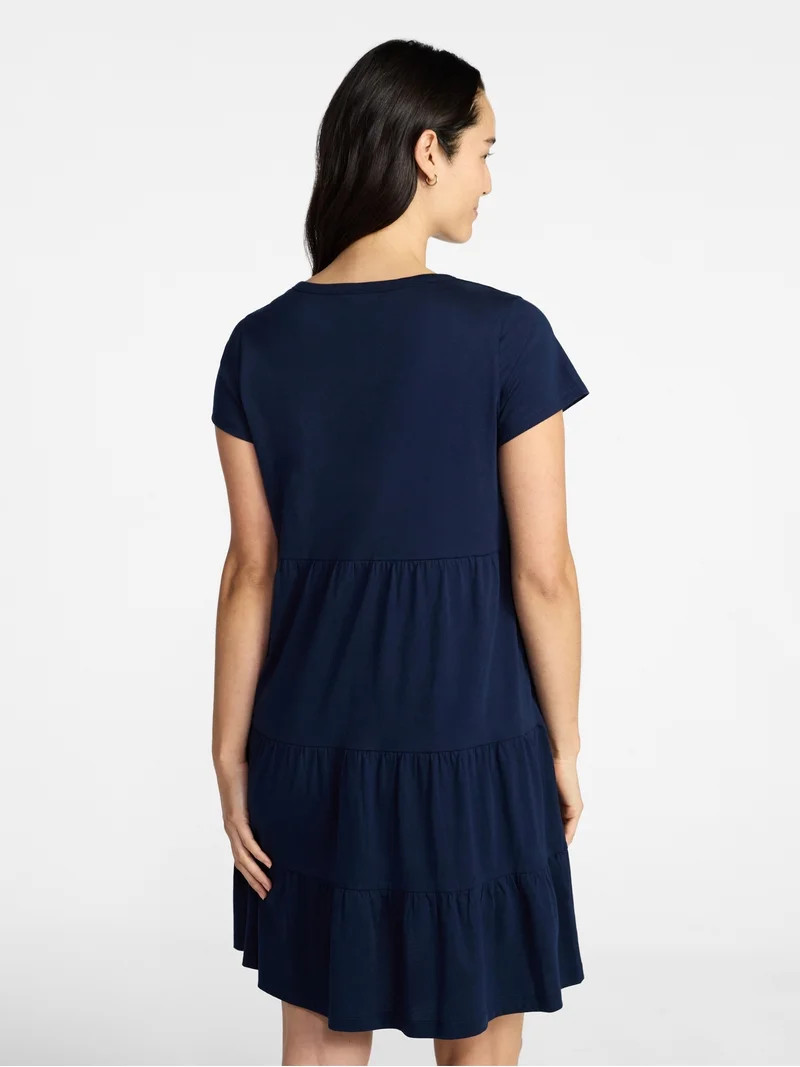Time and Tru Women's Tiered Cotton Mini Dress with Short Sleeves, Sizes XS-XXXL | Walmart (US)