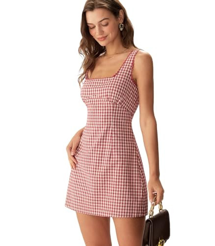 RIHOAS Women's Red Plaid Gingham Mini Dress, Square Neck Spaghetti Strap A-Line Retro Dress for Fall Summer Wedding Guest Tea Party-L | Amazon (US)