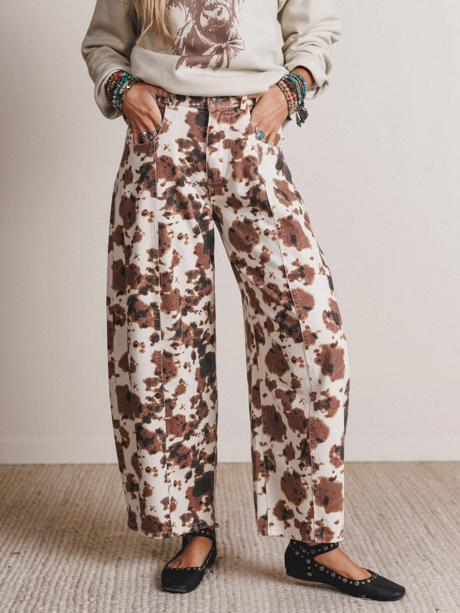 Belle Cow Print Barrel Jeans - Brown | Three Bird Nest