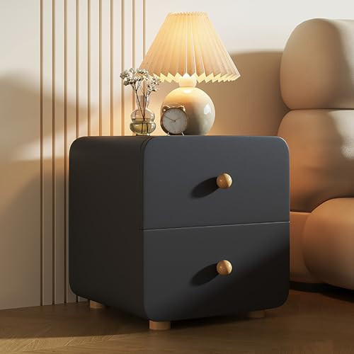 Modern Minimalist Bedside Table with PU Leather Finish, Double Drawer Nightstand & Side End Table – Solid Wood Frame for Bedrooms or Small Apartments(Black,50x40x49cm(20x16x19inch)) | Amazon (US)