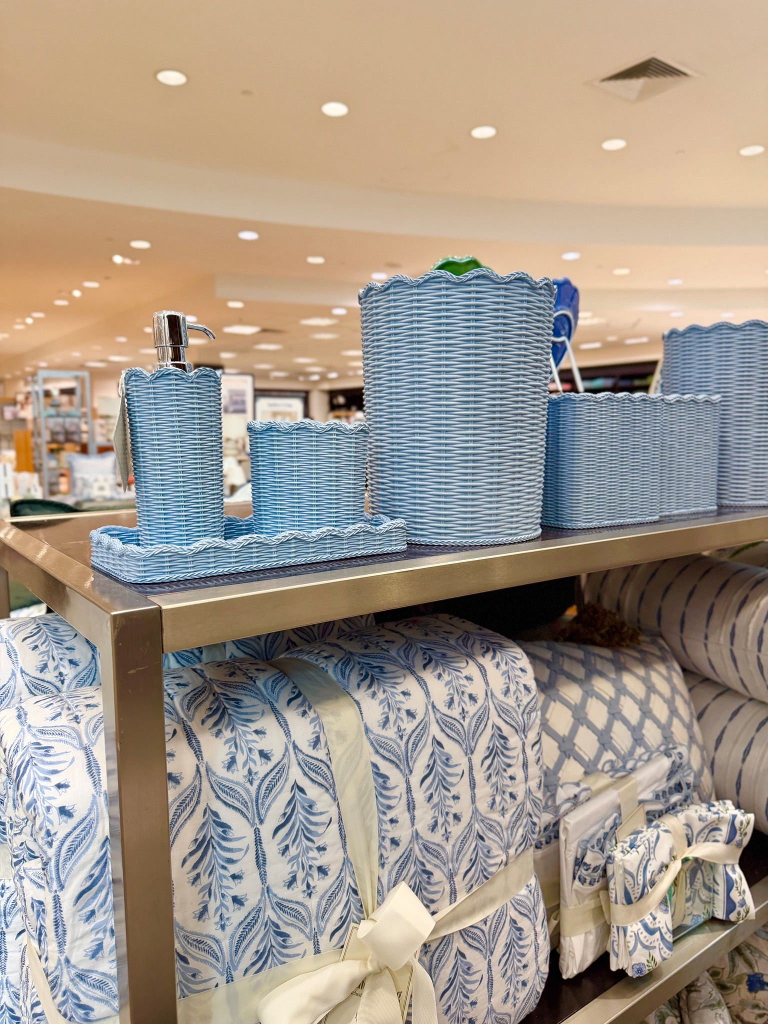 CLEARANCE 🎉 scalloped wicker bathroom accessories blue wider tissue box cover wastebasket waste bin soap pump wicker tray southern living home
