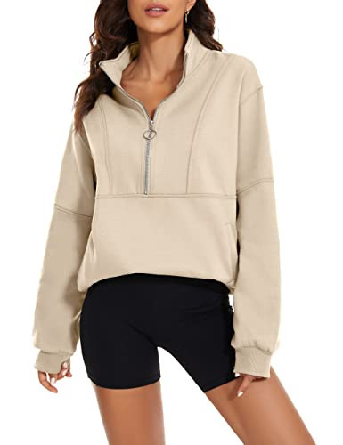 MISSACTIVER Women’s Oversized Half Zip Sweatshirt Quarter 1/4 Zipper Long Sleeve Drop Shoulder Pocket Pullover Jacket Tops(X-Large,Apricot) | Amazon (US)
