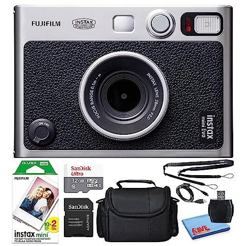 Fujifilm Instax Mini EVO Hybrid Instant Film Camera (Black) (16745183) Bundle with 20 Instant Film Sheets + 32GB Memory Card + Small Padded Case + SD Card Reader + Microfiber Cleaning Cloth | Amazon (US)