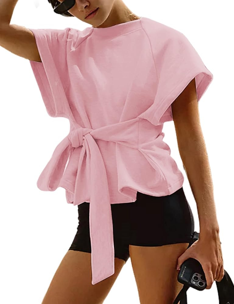 Zhiyouni Women's Summer Short Sleeves Tee T Shirt Crewneck Tie Knot Tops Sweatshirt | Amazon (US)