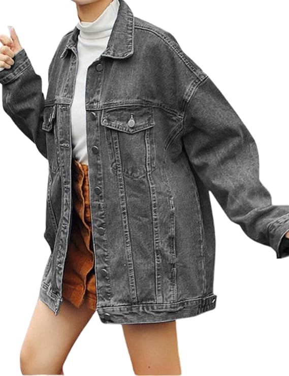 Gozoloma Women's Casual Loose Oversized Denim Jacket Long Sleeved Button Jean Jacket Coat Tops | Amazon (US)