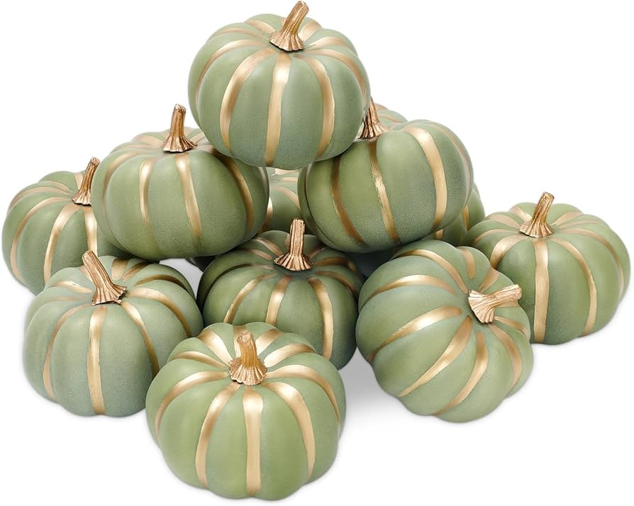 Whaline 12Pcs Artificial Pumpkins Bulk Green with Gold Edges Fake Foam Pumpkins Faux Fall Harvest... | Amazon (US)
