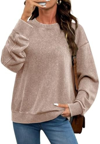 SHEWIN Acid Wash Sweatshirt For Women Crewneck Long Sleeve Pullover Tops | Cotton, Loose Fit, Str... | Amazon (US)