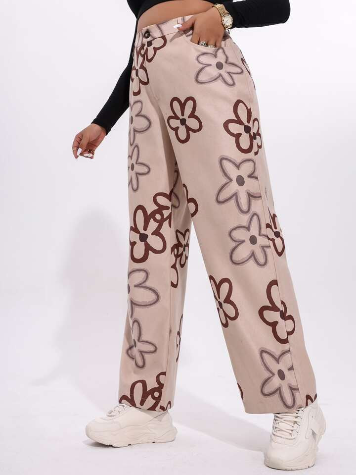SHEIN Qutie Plus Floral Print Straight Leg Pants | SHEIN