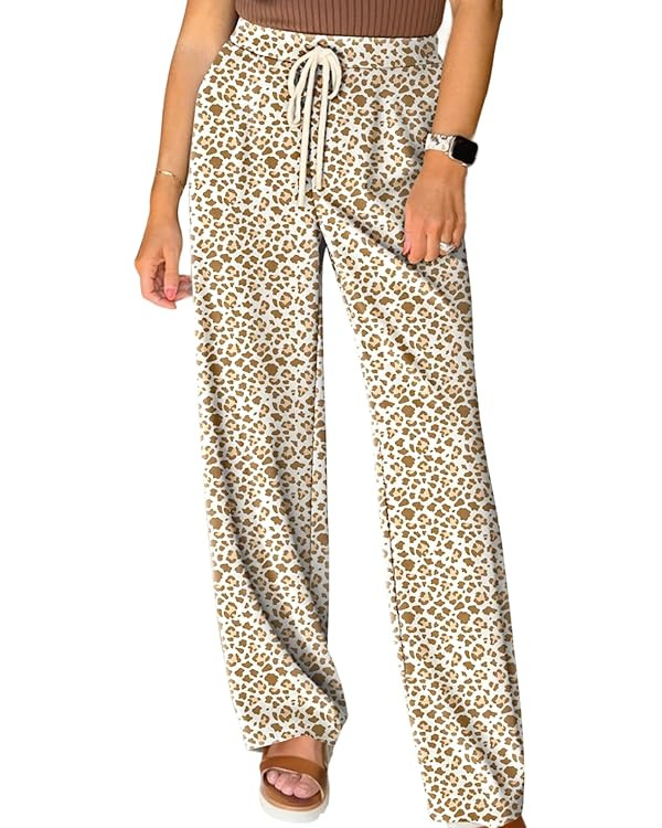 Acelitt Women's Leopard Pants Elastic Waist Casual Loose Wide Leg Lounge Pants with Pockets | Amazon (US)