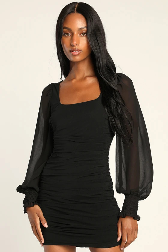 Perfect Sensation Black Mesh Ruched Puff Sleeve Mini Dress | Lulus