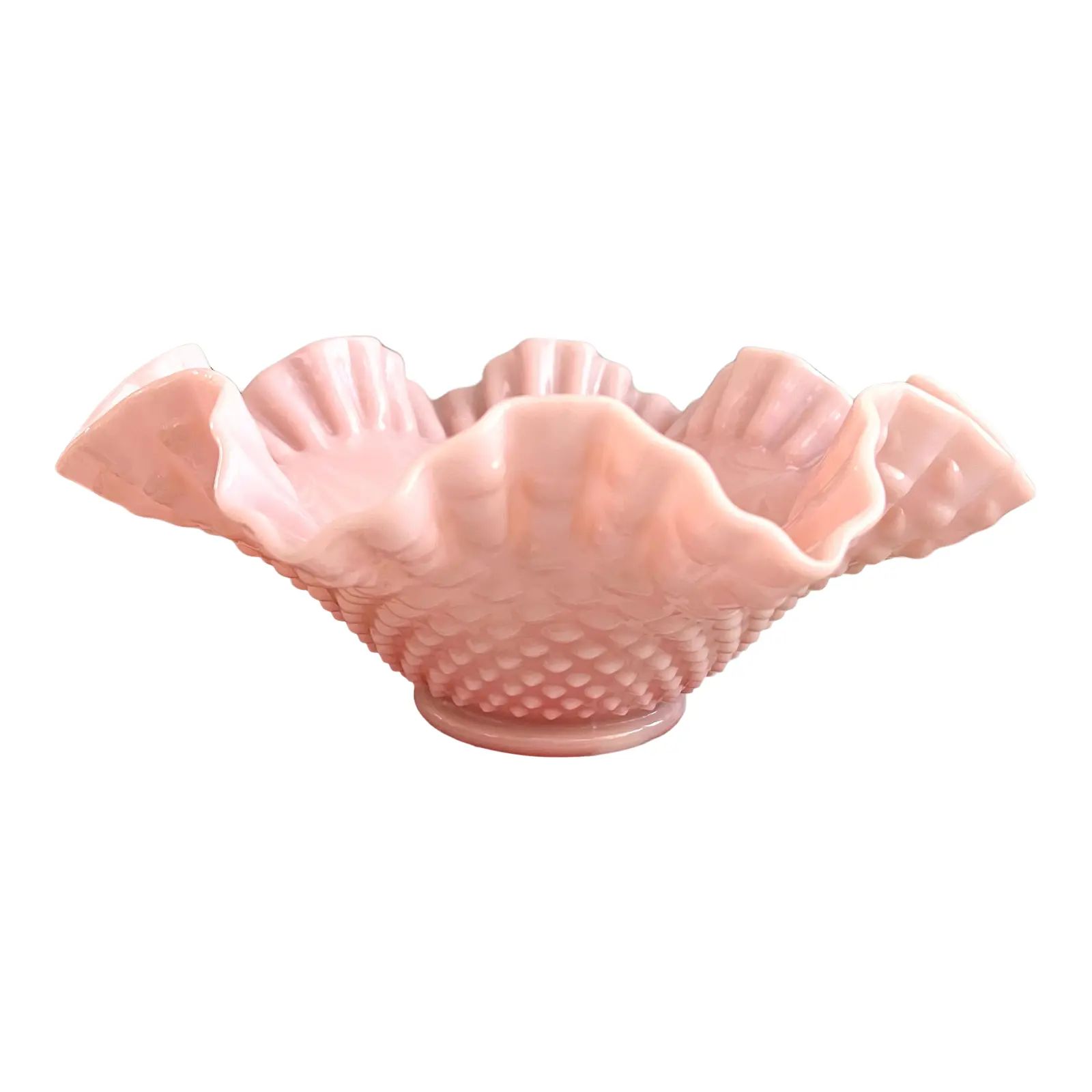 Vintage Fenton Pink Milk Glass Hobnail Ruffled Bowl | Chairish