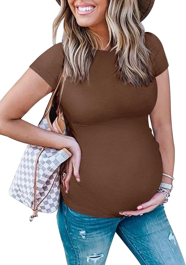 Peauty Maternity Ribbed T-Shirts with Crew Neck and Short Sleeves Shirts, Before During After Pre... | Amazon (US)