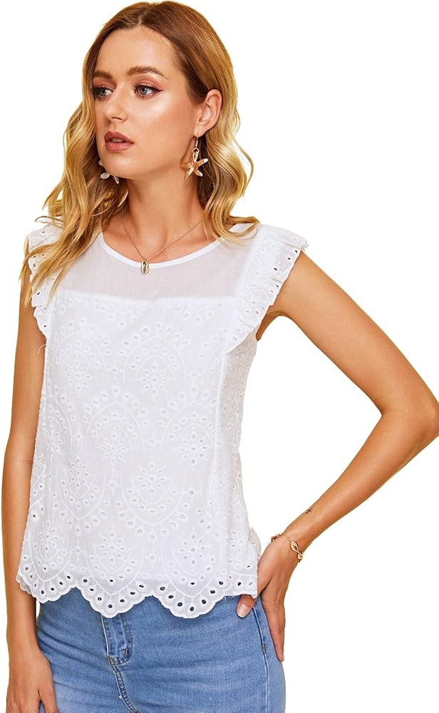 DIDK Women's Sheer Embroidery Ruffle Trim Scallop Hem Eyelet Tank Top Blouse | Amazon (US)