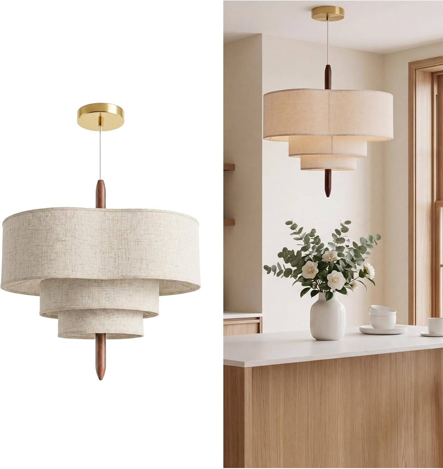 17.7" 3-Tier White Fabric LED Chandelier, 2-Light 3-Color Dimmable Pendant Light Fixture with Met... | Amazon (US)