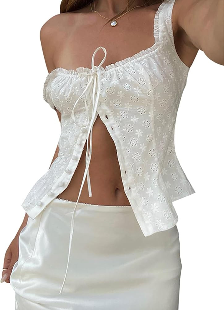 Women Tie Front Tank Top Y2k Sleeveless Button up Shirt Eyelet Floral Embroidery Cami Vest Crop T... | Amazon (US)