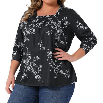 Women's Plus Size Floral Print Square Neck Long Sleeve Pleated Dressy Casual Blouses - Agnes Orinda 3X Black | Target