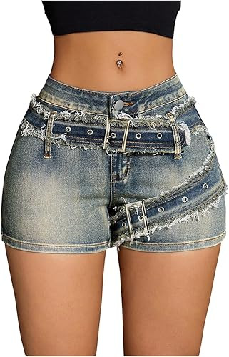 WDIRARA Women's Raw Hem Buckle Short Jeans Distressed Denim Shorts | Amazon (US)