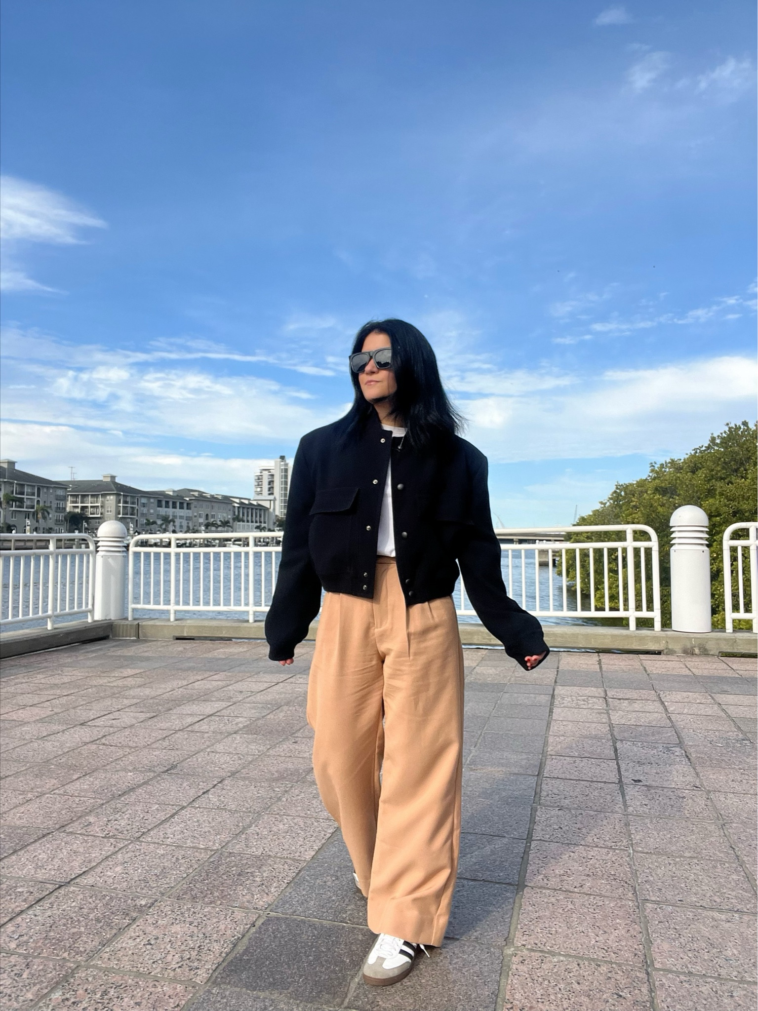 Easy outfit to wear for work, casual, literally anywhere! The Sloane trousers are my favorite and they come in different lengths, I wear size XS short. I also found a very similar style to my bomber jacket for under $50! 

#LTKfindsunder100 #LTKworkwear #LTKfindsunder50