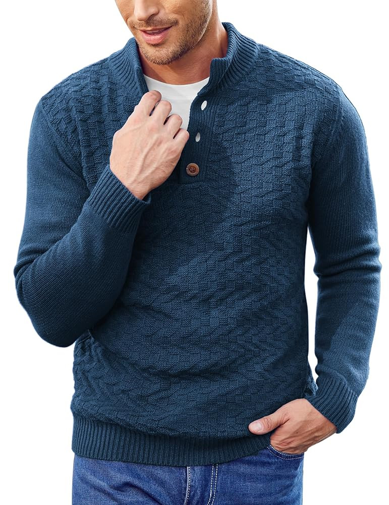 COOFANDY Men Mock Neck Button Sweater Casual Knitted Sweaters Fashion Henley Sweater | Amazon (US)