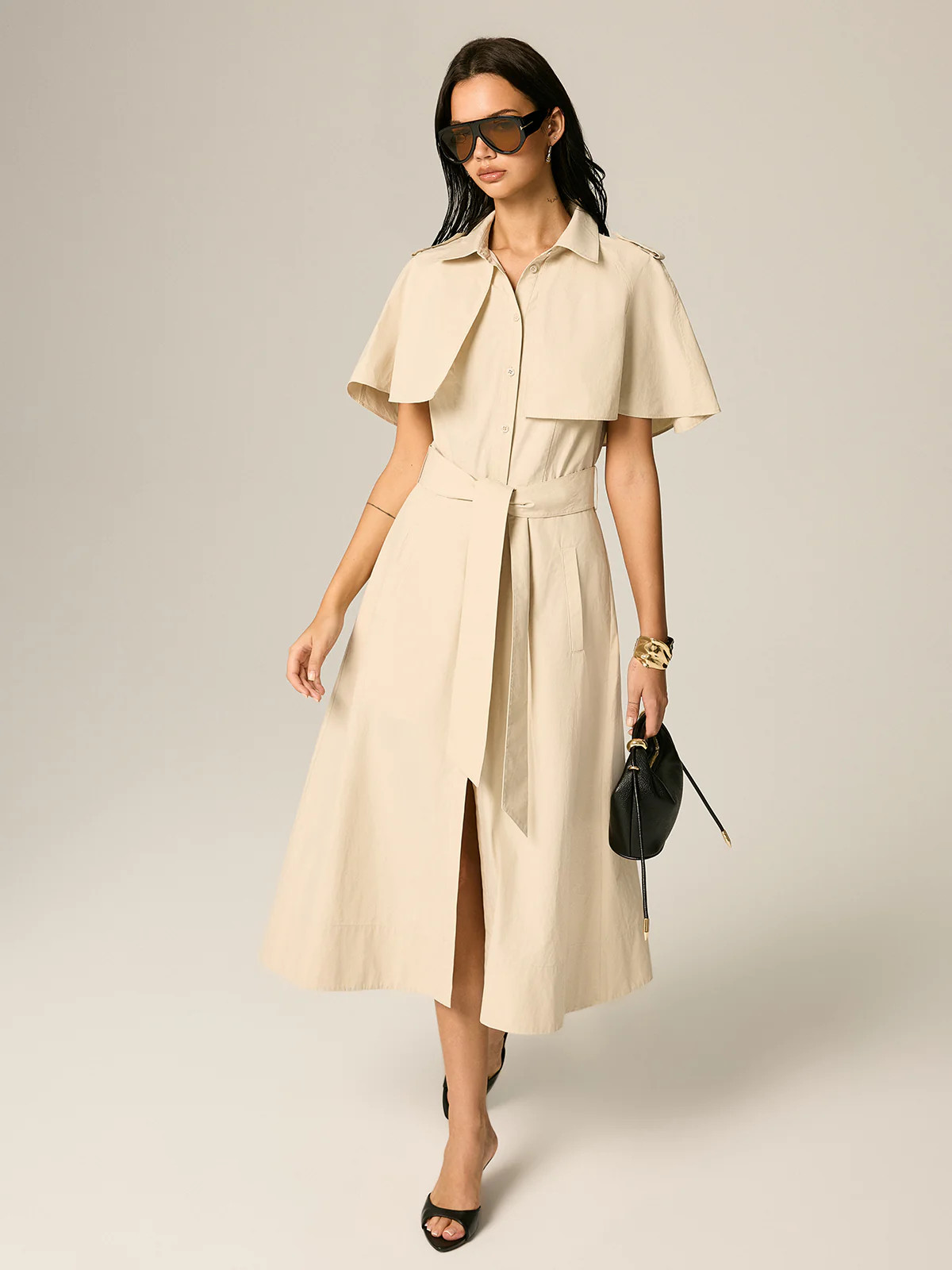 Cape Sleeve Belted Cotton Maxi Dress | Commense