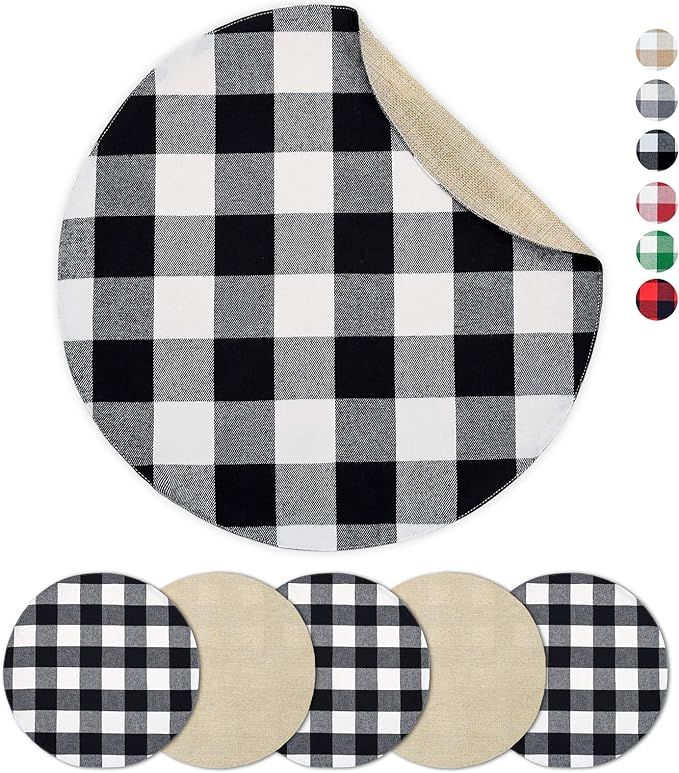 Senneny Round Placemats Set of 6 - Buffalo Plaid Placemats - Reversible Cotton and Burlap Placema... | Amazon (US)