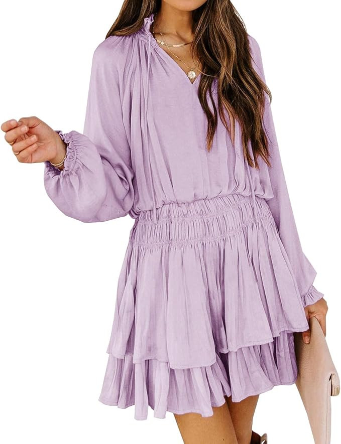 R.Vivimos Women's Cotton Long Sleeves V Neck Layered Ruffles Pleated Swing Mini Dress | Amazon (US)