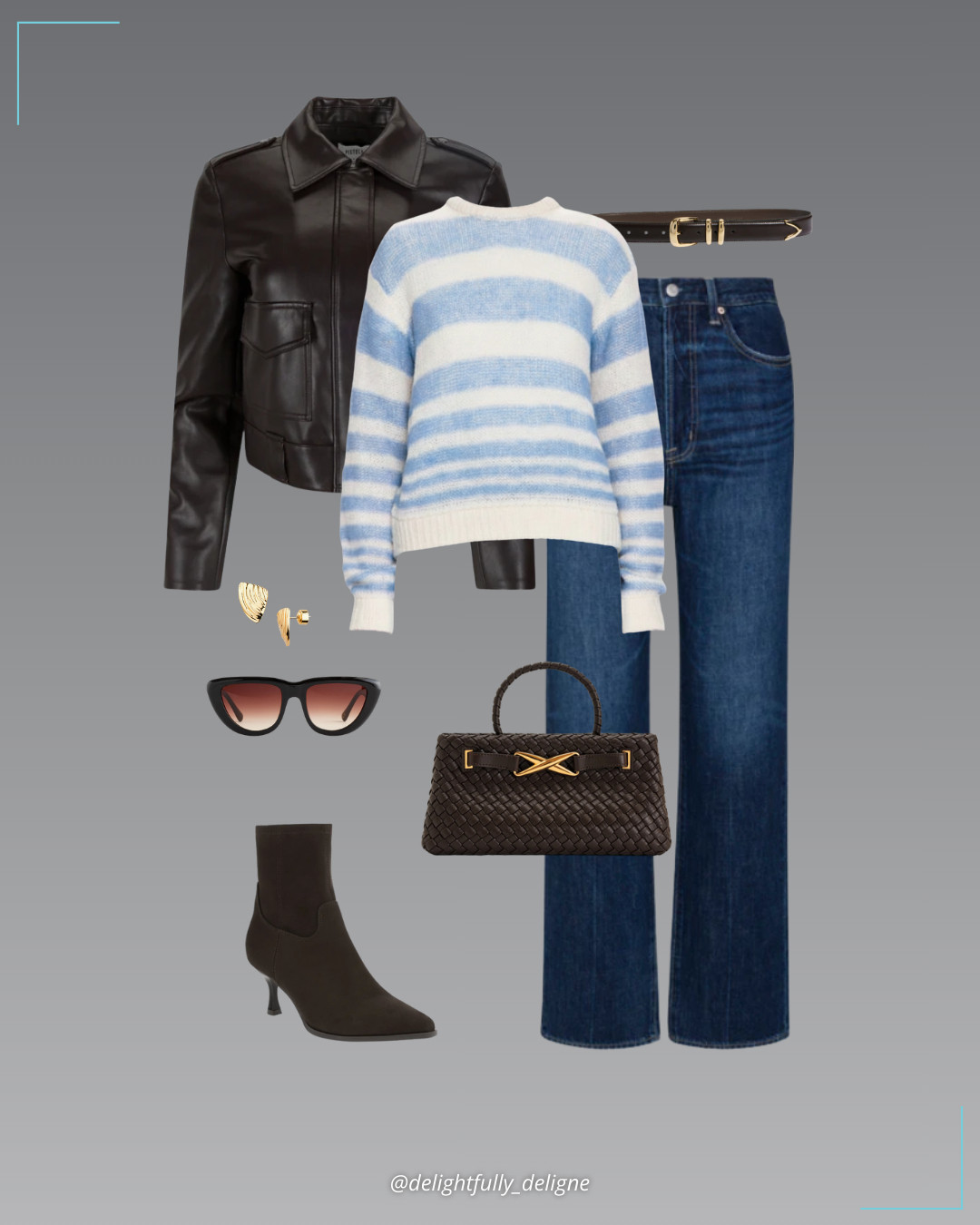 The Pistola Edit 🤎💙Pistola’s Moa striped bubble sweater in blue gradient stripe paired with the Cassie super high-rise straight jean and Bex shrunken jacket in French Roast, finished with pointed-toe booties, a leather belt, woven tote bag, oversized angular sunglasses & textured stud earrings. 

 #LTKgrwm #LTKootd #LTKOver40