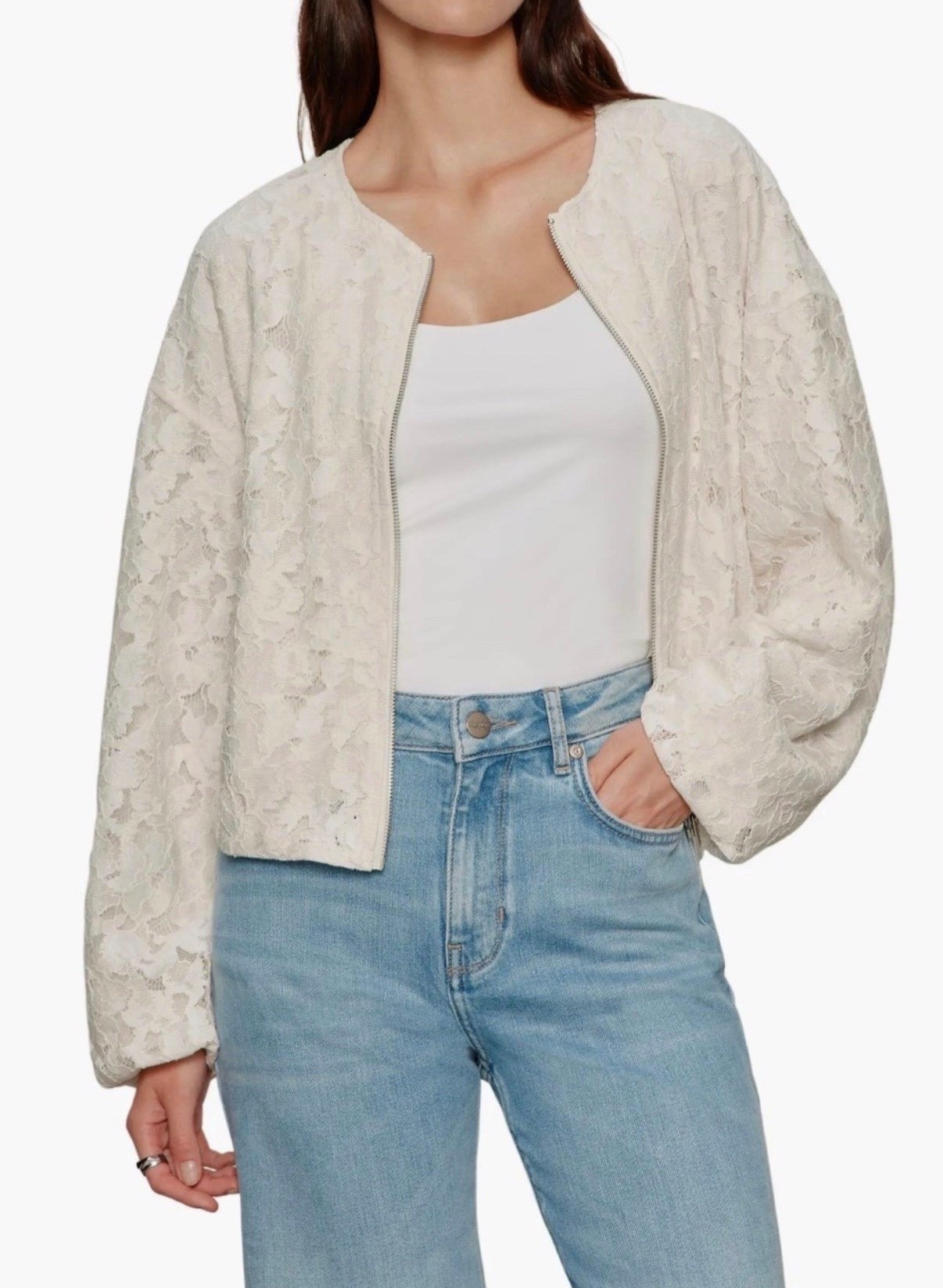 Lace bomber jacket 
Jacket
White jacket 
Jeans 

#LTKSeasonal #LTKdayinmylife