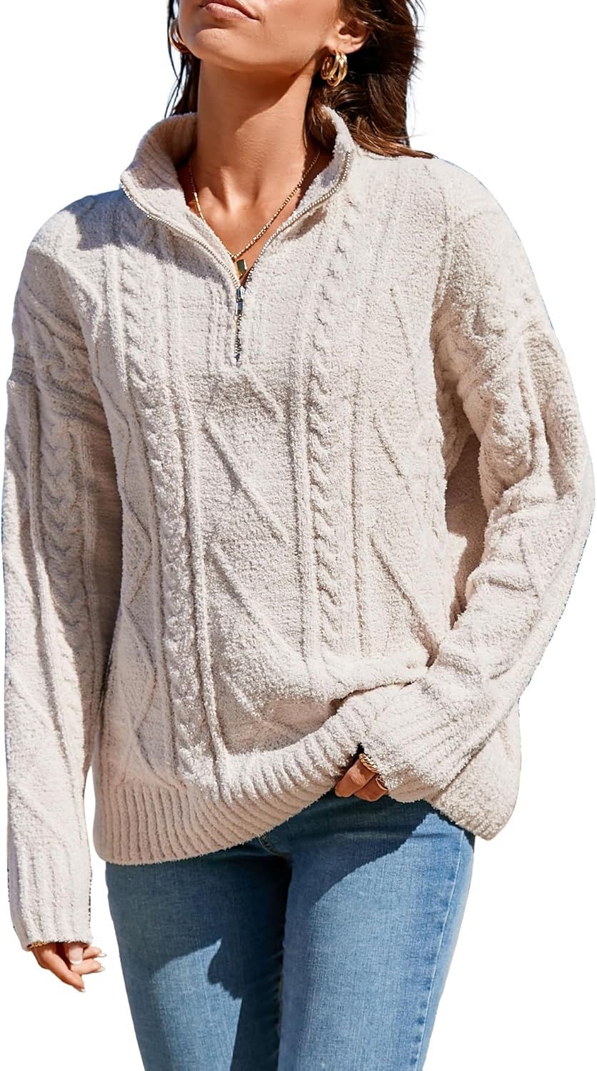 Famulily Womens Cute Cable Knit Sweater Long Sleeve Turtleneck Sweater Cozy Warm Half Zip Pullove... | Amazon (US)