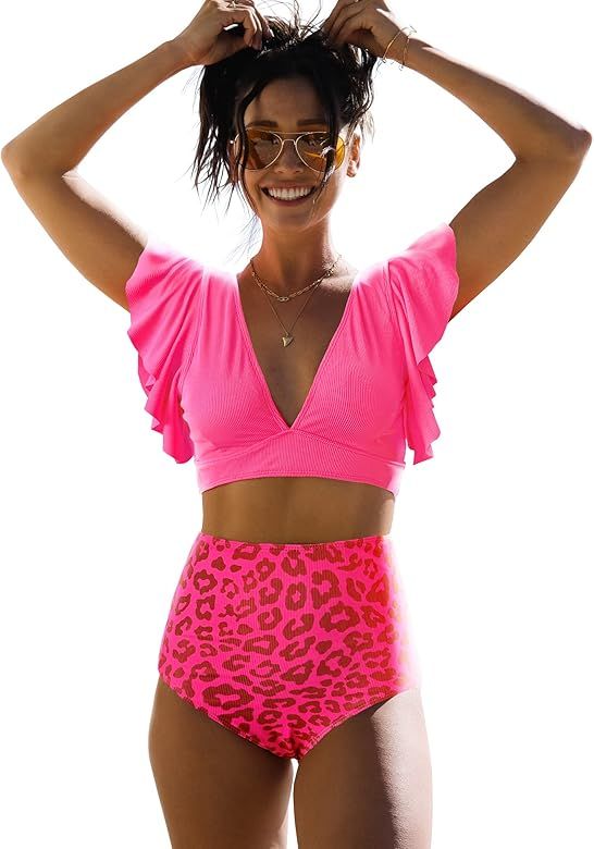 SPORLIKE Women Ruffle High Waist Swimsuit Two Pieces Push Up Tropical Print Bikini | Amazon (US)
