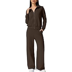 QINSEN Women's Cotton 2 Piece Outfits Lapel Long Sleeve Zip Up Sweatshirt Wide Leg Pants Matching... | Amazon (US)