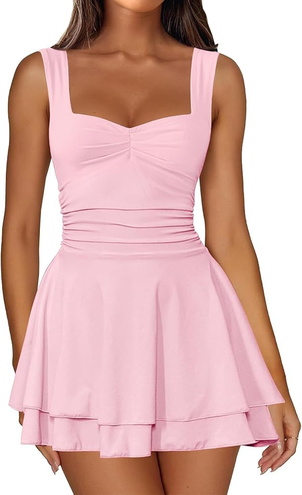 IWD Women's Square Neck Sleeveless Mini Dress Ruched Waist Tiered Ruffle Hem A Line Short Dresses | Amazon (US)