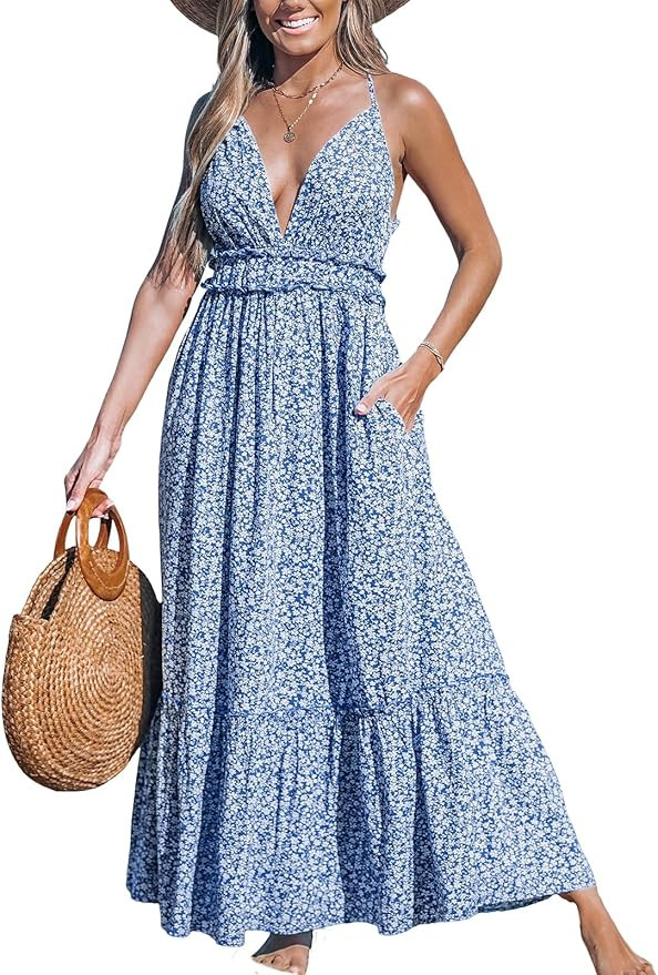 CUPSHE Women's Floral Boho Backless Ruffled Maxi Dress Plunging V Neck Spaghetti Strap Sleeveless... | Amazon (US)