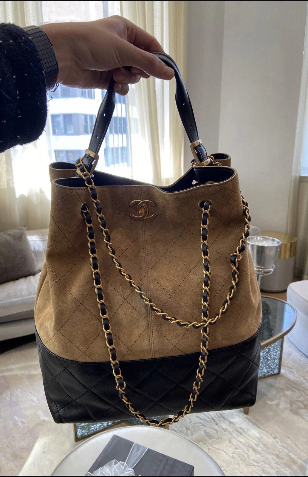 New 25B CHANEL Brown Suede & Black Leather Shopping Hobo Tote Bag Gold Hardware | eBay US