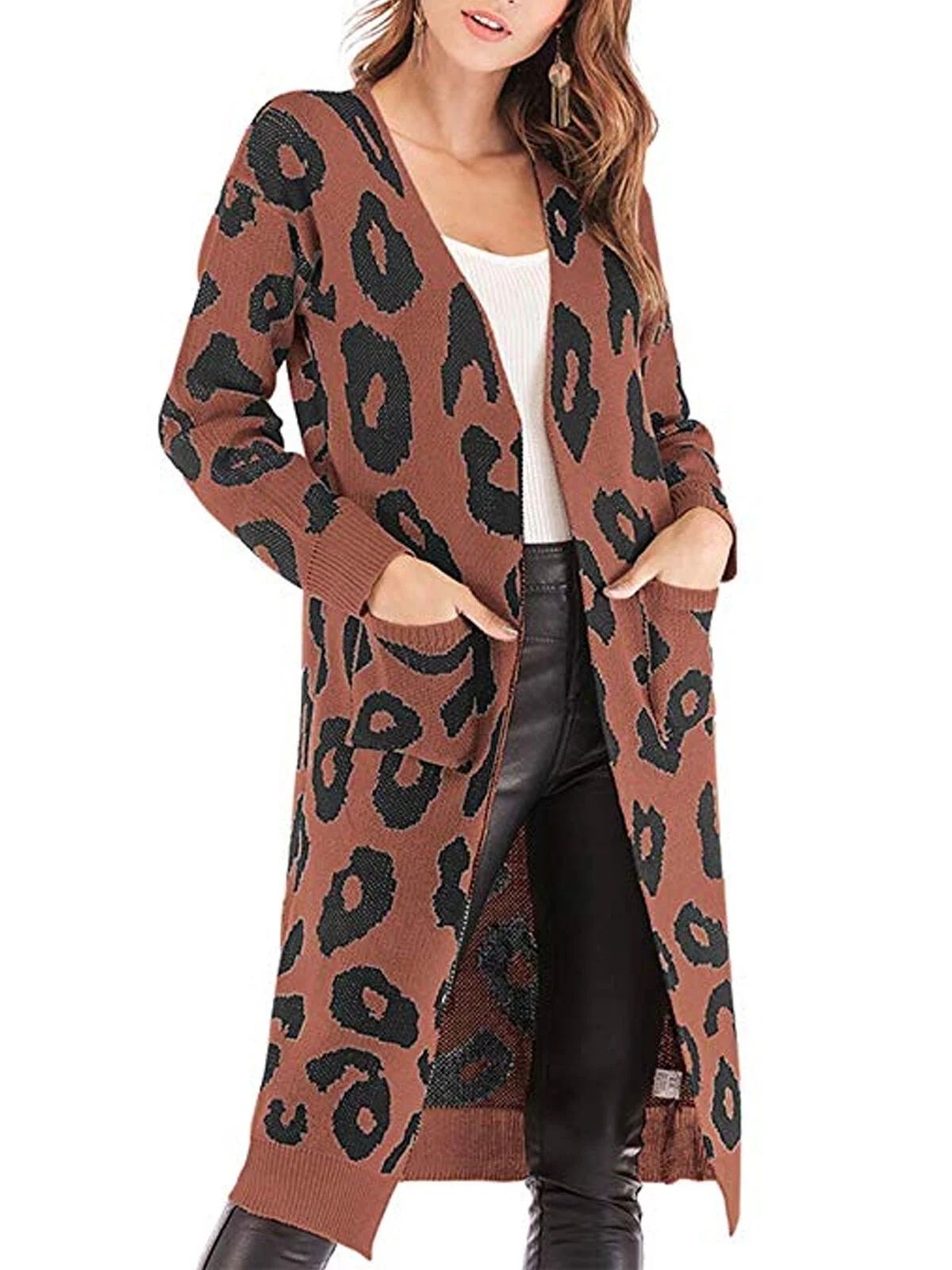 Multitrust Women's Leopard Print Cardigan Coat Tops Ladies Knitted Sweater Jumper Long Coat | Walmart (US)