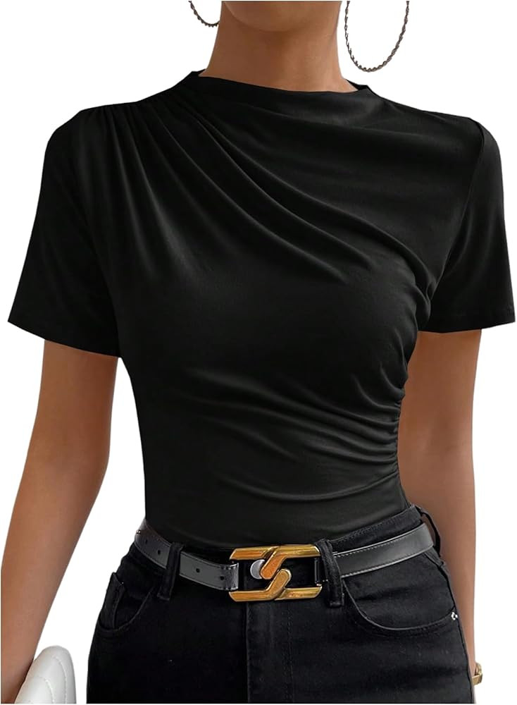 SweatyRocks Women's Ruched Mock Neck T Shirt Short Sleeve Fitted Summer Basic Tops | Amazon (US)
