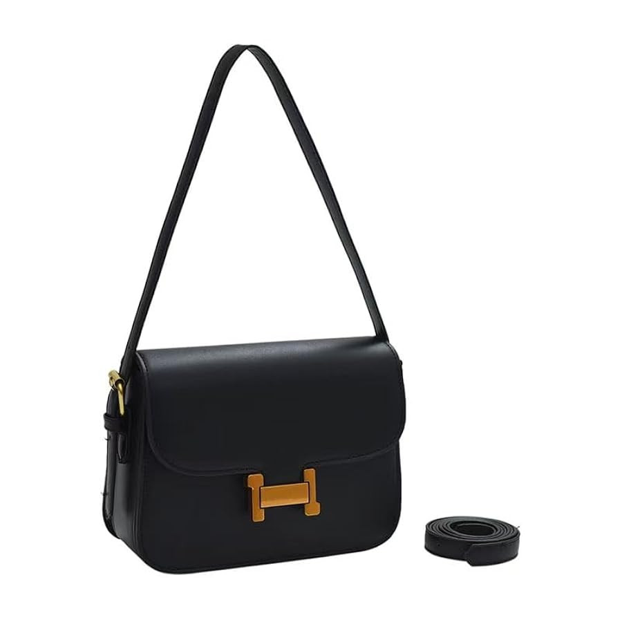 Women's Classic Shoulder Bag, Small Square Purse with Gold Hardware, Black Faux Leather, Korean S... | Amazon (US)