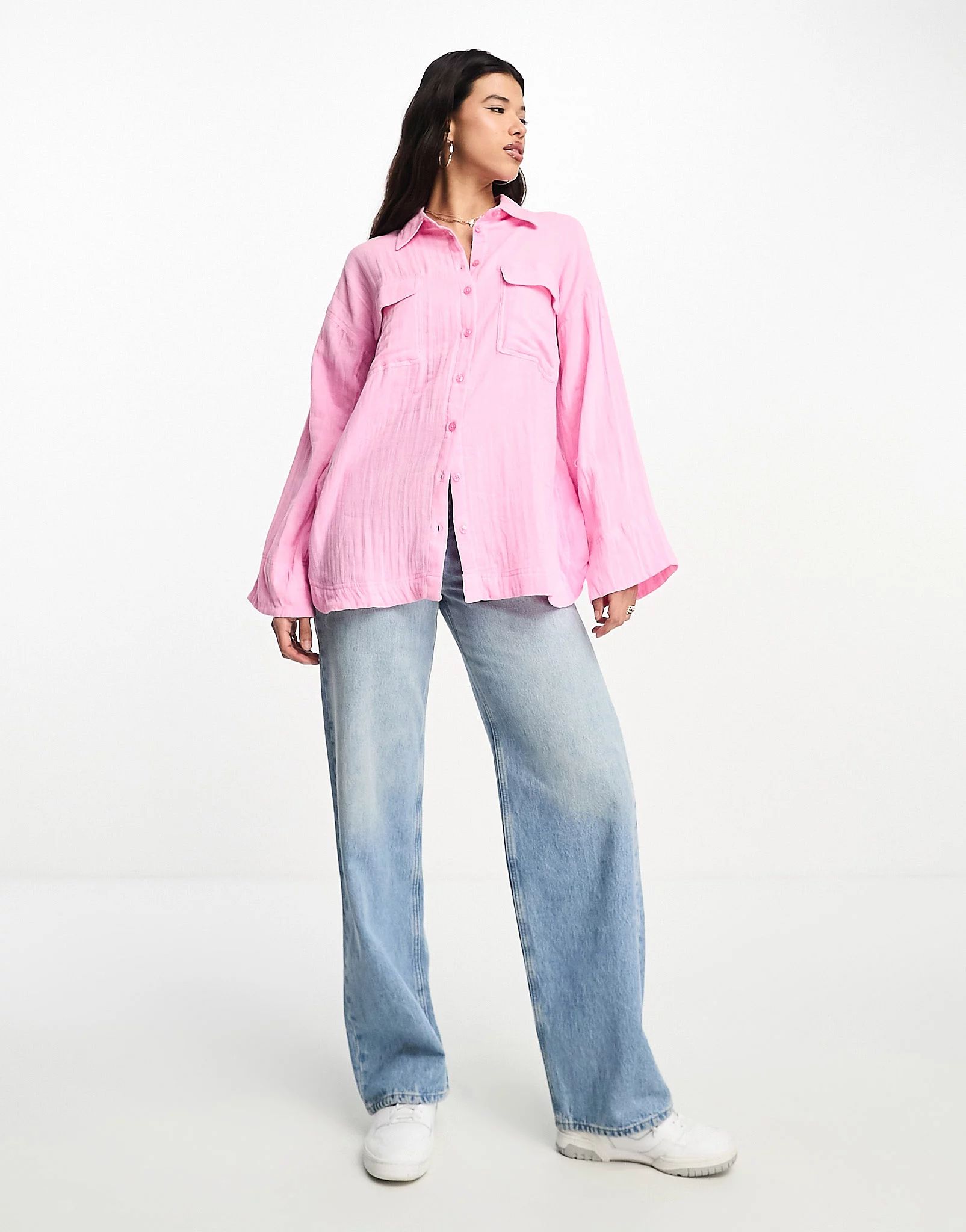 ASOS DESIGN oversized cheesecloth shirt in pink | ASOS | ASOS (Global)