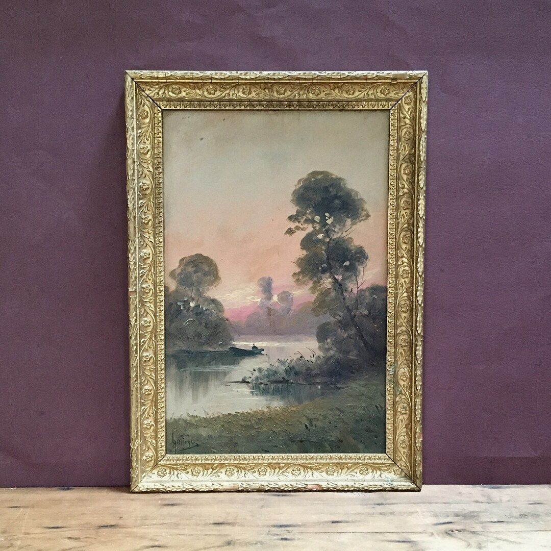 antique French oil painting, Impressionist style landscape river sunset with boat, original signe... | Etsy (US)