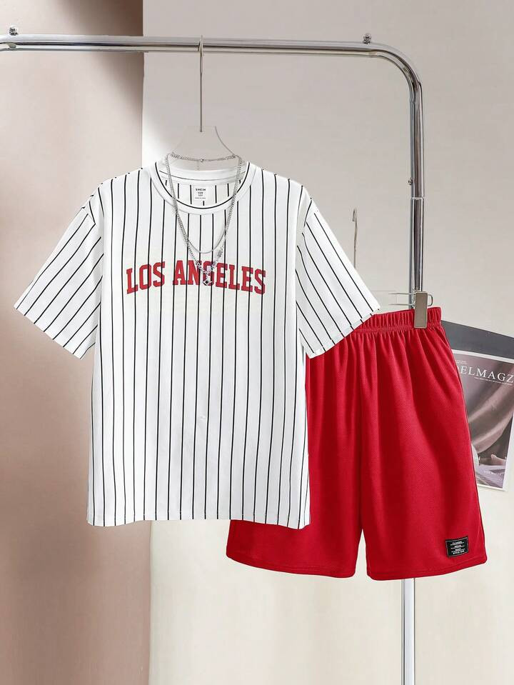 SHEIN Tween Boys' Casual Street Style Letter Printed Striped Round Neck Short Sleeve T-Shirt And ... | SHEIN