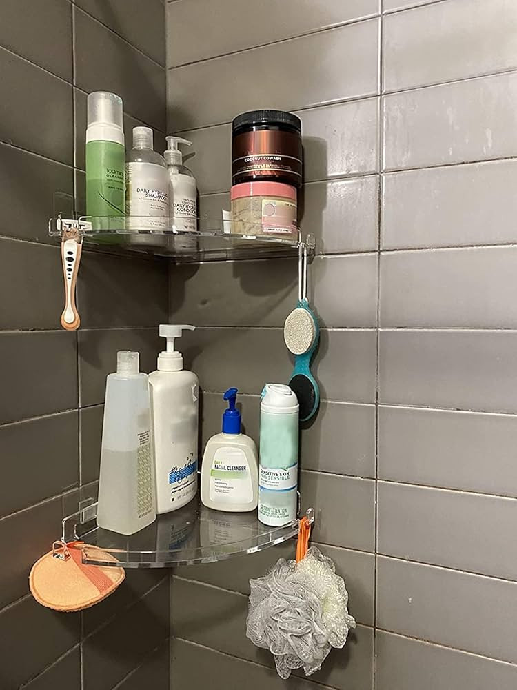 JiePai Acrylic Corner Shower Caddy Shelf with Hooks 2 Pack, Adhesive Wall Mounted Bathroom Shower... | Amazon (US)