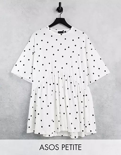 ASOS DESIGN Petite oversized mini smock dress with dropped waist in white and black polka dot | ASOS (Global)