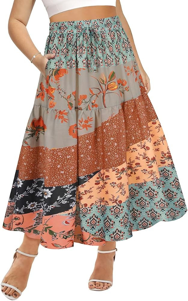 CARCOS Plus Size Skirts for Curvy Women Elastic High Waist Boho Maxi Skirt Pleated A-Line Tiered ... | Amazon (US)