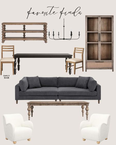 
Gray sofa. Natural wood coffee table. White accent chairs. Black dining table. Black dining chair. Natural wood console table. Black chandelier traditional. Natural wood cabinet tall.

#LTKhome #LTKsalealert