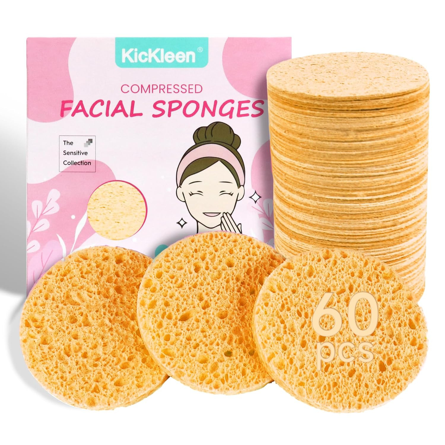60-Count Compressed Facial Sponges|100% Natural Kickleen Cellulose Cosmetic Spa Sponges for Daily Facial Cleansing|Makeup and Mask Removal | Exfoliating | Skin Massage | Pore Exfoliation (Yellow) | Amazon (US)