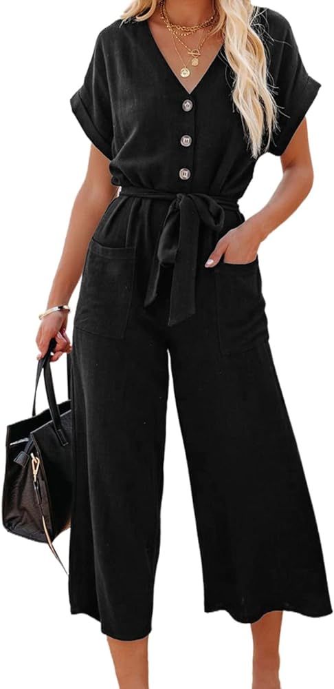 Acelitt Women Short Sleeve V Neck Button Belted Wide Leg Jumpsuits with Pockets, S-XXL | Amazon (US)