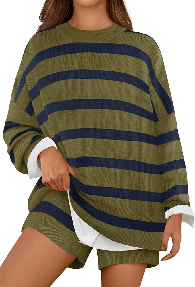 MEROKEETY Women's 2 Piece Sweater Lounge Sets Striped Long Sleeve Shorts Oversized Matching Outfi... | Amazon (US)
