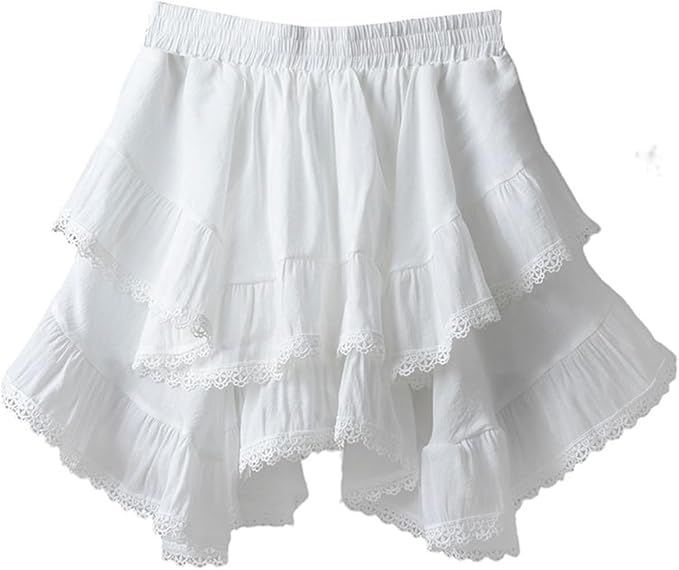 Women Lace Irregular Mini Skirt Japanese Style Ruffles Elastic Waist Short Skirt | Amazon (US)