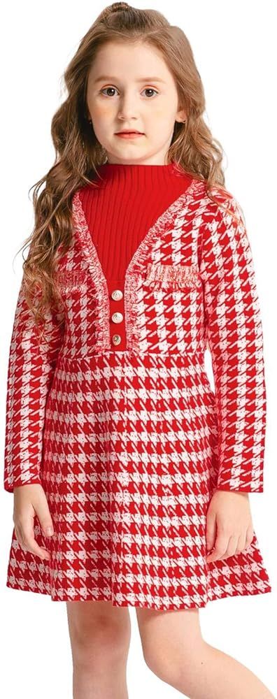 SMILING PINKER Girls Dresses Houndstooth Knitted Sweater Flare Winter Dress Mock Neck | Amazon (US)